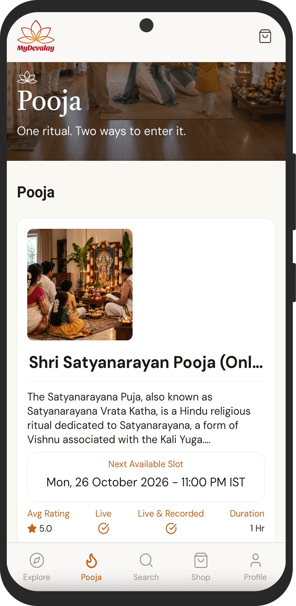 MyDevalay pooja screen for a scheduled Shri Satyanarayan Pooja.