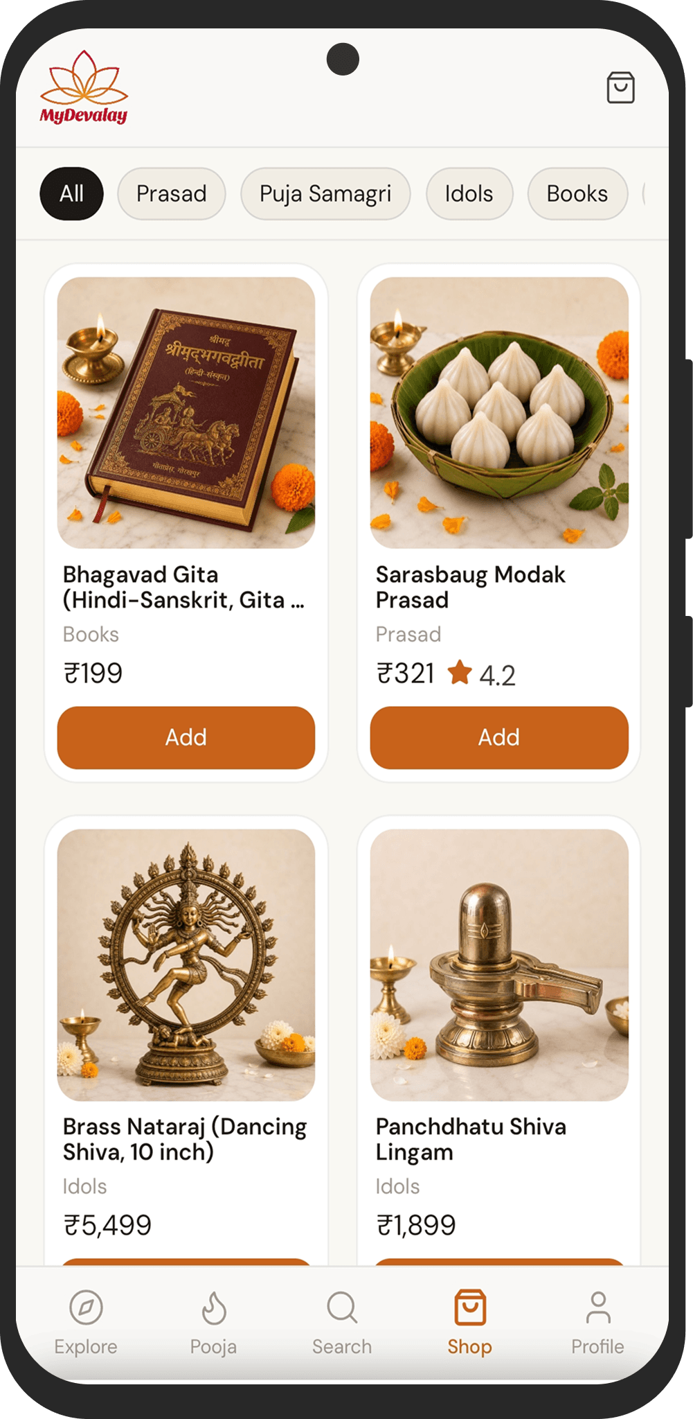 MyDevalay shop screen listing books, prasad, and idols.